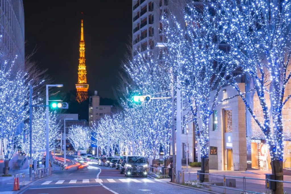 Holiday lights in Roppongi Hills, Tokyo, with Tokyo Tower in the background. Found at Good Luck Trip website. 