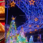 Photo collage: Japanese Christmas meal with KFC (from KFC on X), and holiday lights in Japan (from Rakuten Travel)