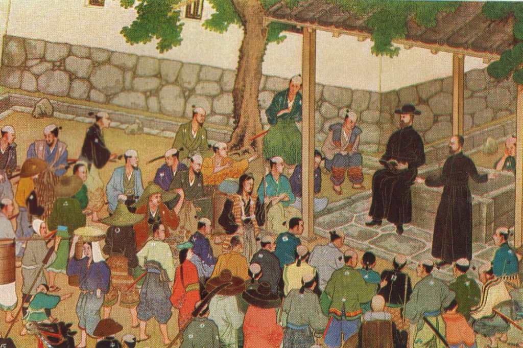 Art of Jesuit missionaries, identified as "St. Francis Xavier in Japan" by artist Utsumi. Found at Rekishinihon.com and elsewhere.